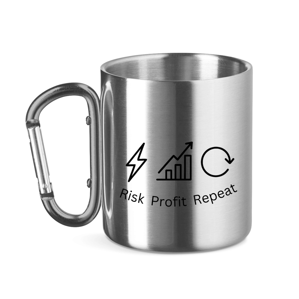 Edelstahltasse mit Karabinergriff Risk Profit Repeat